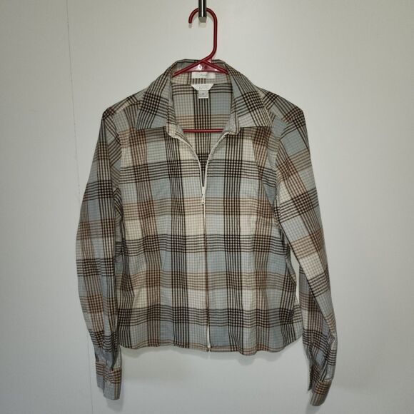 Christopher & Banks Plaid Stretch Zip Front Shirt Top Women’s Size M Long Sleeve - Picture 1 of 6